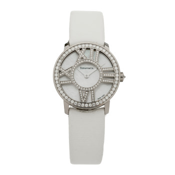 TIFFANY 18K White Gold Satin Diamond Mother of Pearl 26mm Atlas Round Cocktail Quartz Watch
