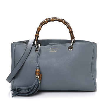 GUCCI Pebbled Calfskin Medium Bamboo Shopper Tote Light Blue