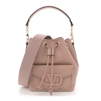 VALENTINO GARAVANI Calfskin Vlogo Small Loco Drawstring Bucket Bag Rose Cannelle