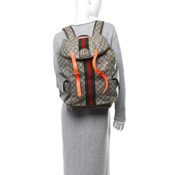 GUCCI GG Supreme Monogram Medium Ophidia Double Buckle Backpack Beige Ebony Neon Orange