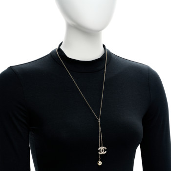 CHANEL Baguette Crystal Pearl CC Lariat Necklace Silver