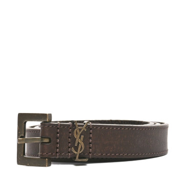 SAINT LAURENT Calfskin Monogram Narrow Square Buckle Belt 75 30 Brown