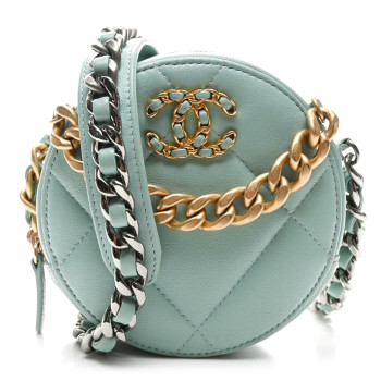 CHANEL Goatskin Quilted Chanel 19 Round Clutch With Chain Light Blue