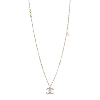 CHANEL Crystal Pearl CC Pendant Necklace Silver
