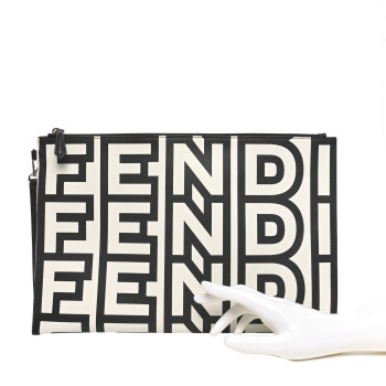 FENDI X MARC JACOBS Nappa Vitello King Logo Print Large Flat Pouch Black White