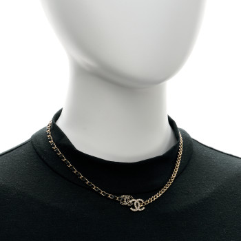 CHANEL Metal Calfskin Crystal Double CC Short Necklace Black Gold