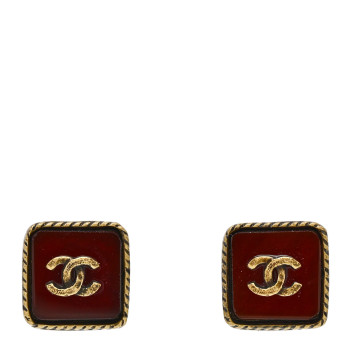 CHANEL Resin CC Square Clip On Earrings Gold Burgundy