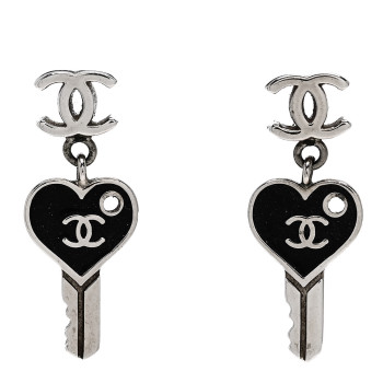 CHANEL Enamel Heart Key CC Drop Earrings Black Silver