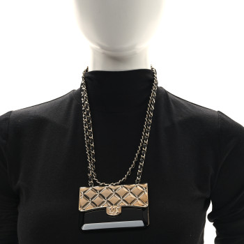 CHANEL Metal Resin Lambskin Flap Bag Long Necklace Gold Black