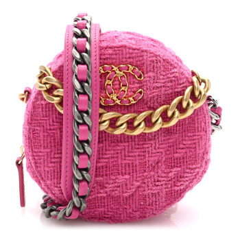 CHANEL Wool Tweed Lambskin Quilted Chanel 19 Round Clutch With Chain and Coin Purse Fuchsia