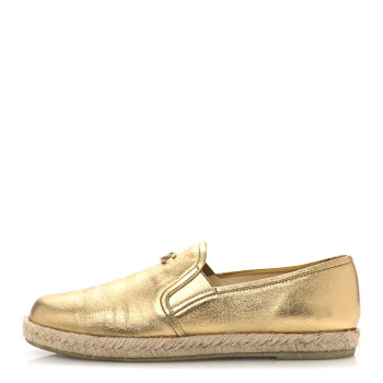 CHANEL Metallic Lambskin CC Mocassin Loafers 37.5  Gold