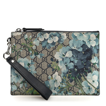 GUCCI GG Supreme Monogram Blooms Small Zip Wristlet Pouch Beige Blue Black