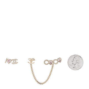 CHANEL Metal Strass I Love Coco Heart Chain Climber Earrings Gold Pink