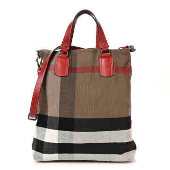 BURBERRY Canvas Mega Check Medium Tottenham Brit Tote Cadmium Red