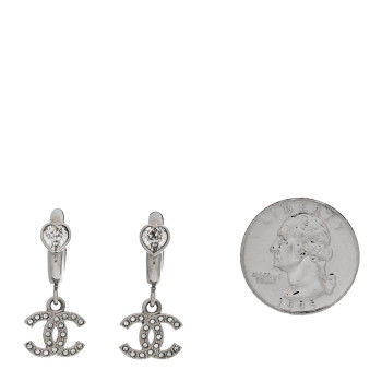 CHANEL Crystal Heart CC Drop Earrings Silver