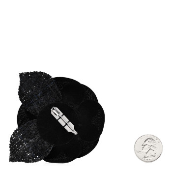 CHANEL Tweed Fabric Camellia Pin Brooch Navy Blue Black