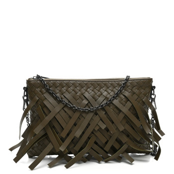 BOTTEGA VENETA Nappa Intrecciato Palio Fringe Chain Pouch Moss