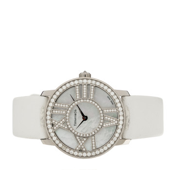 TIFFANY 18K White Gold Satin Diamond Mother of Pearl 26mm Atlas Round Cocktail Quartz Watch