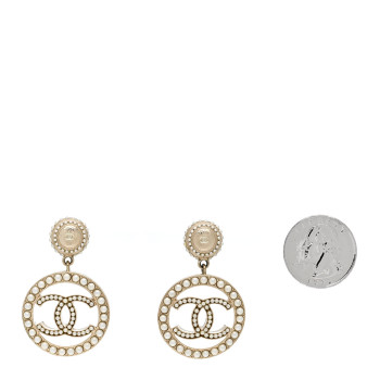 CHANEL Pearl CC Drop Earrings Light Gold