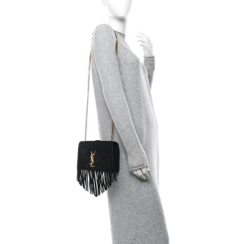 SAINT LAURENT Suede Fringe Small Monogram Satchel Black