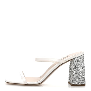 MIU MIU Satin Raso Glitter Block Heel Sandals 38 White Argento