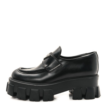 PRADA Spazzolato Rois Metal Triangle Logo Monolith 55mm Loafers 35 Black