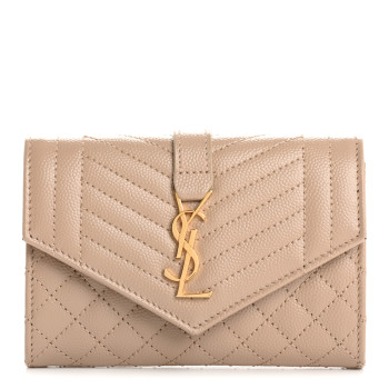SAINT LAURENT Grain De Poudre Textured Mixed Matelasse Triquilt Small Monogram Envelope Wallet Dark Beige