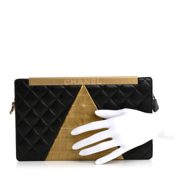 CHANEL Lambskin Metallic Calfskin Crocodile Embossed Clutch Black Gold