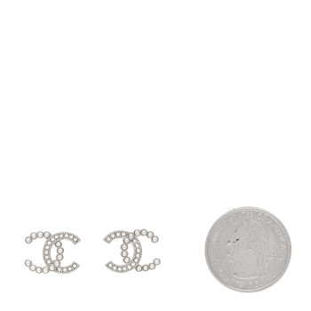 CHANEL Pearl Crystal CC Earrings Silver Pearly White