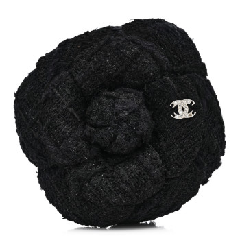 CHANEL Tweed Camellia CC Pin Brooch Black