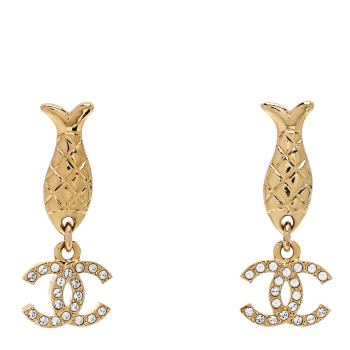 CHANEL Metal Crystal CC Fish Drop Earrings Gold