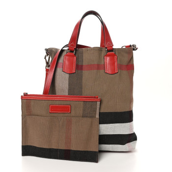 BURBERRY Canvas Mega Check Medium Tottenham Brit Tote Cadmium Red