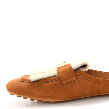 FENDI Suede Shearling Baguette Mules 38 Caramello Latte