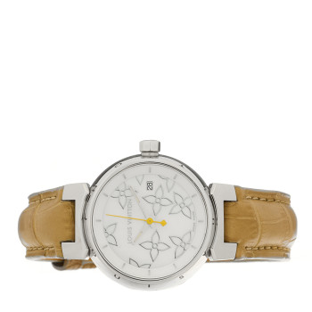 LOUIS VUITTON Stainless Steel Alligator Mother of Pearl 28mm Tambour Lovely Quartz Watch