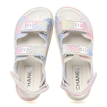 CHANEL Printed Fabric Quilted Dad Sandals 36.5 Green Pink Blue
