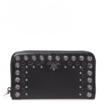 PRADA Saffiano Vernice Crystal Studded Zip Around Wallet Black
