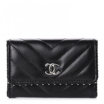CHANEL Lambskin Chevron Quilted Studded Card Holder Black
