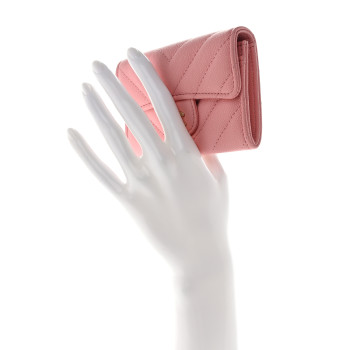 CHANEL Caviar Chevron Quilted Flap Card Holder Pink
