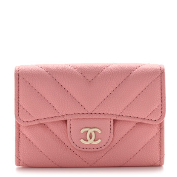 CHANEL Caviar Chevron Quilted Flap Card Holder Pink