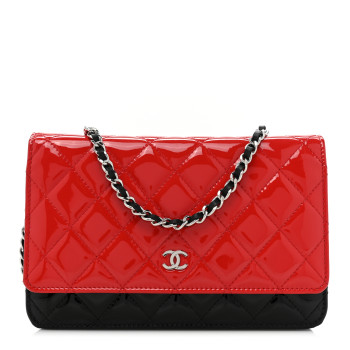 CHANEL Patent Quilted Bi-Color Wallet On Chain WOC Red Black