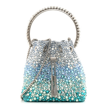 JIMMY CHOO Satin Hotfix Crystal Embellished Bon Bon Bucket Bag Blue Silver