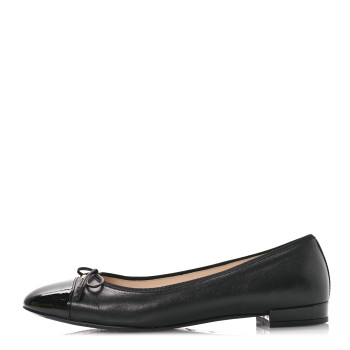 PRADA Nappa Vernice Cap Toe Logo Bow Ballerina Flats 38.5 Black