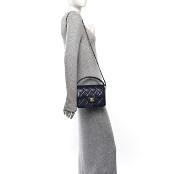 CHANEL Shiny Caviar Quilted Mini Top Handle Flap Navy Blue