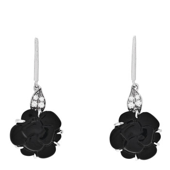 CHANEL 18K White Gold Diamond Black Onyx Camelia Sculpte Drop Earrings
