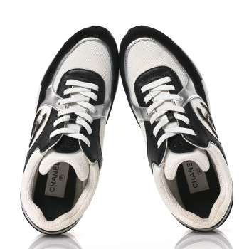 CHANEL Mesh Suede Calfskin Grained Calfskin Womens CC Sneakers 39.5 Black White Silver