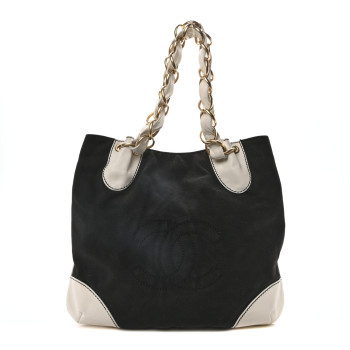 CHANEL Canvas Calfskin CC Tote Black White