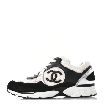 CHANEL Mesh Suede Calfskin Grained Calfskin Womens CC Sneakers 39.5 Black White Silver
