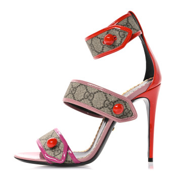 GUCCI GG Supreme Monogram Patent Harleth Sandals 39.5 Beige Ebony Sun Orange Shine Purple