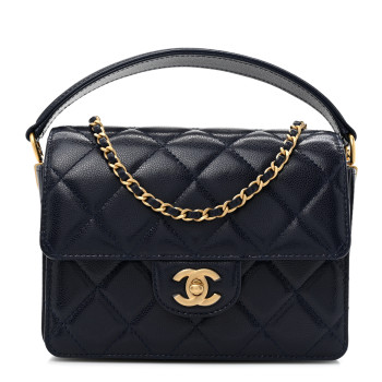 CHANEL Shiny Caviar Quilted Mini Top Handle Flap Navy Blue