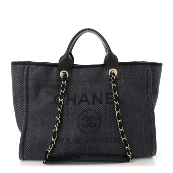 CHANEL Mixed Fibers Calfskin Striped Medium Deauville Tote Black Black